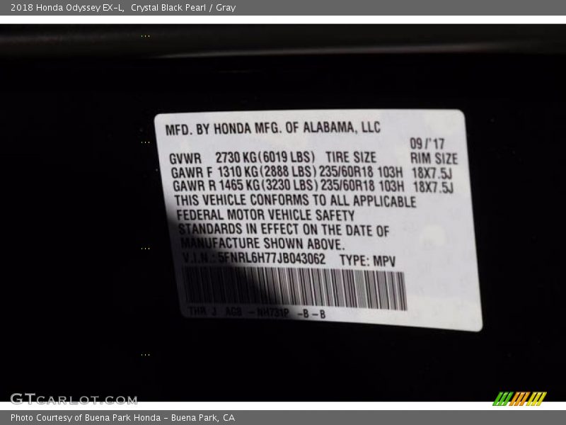 Crystal Black Pearl / Gray 2018 Honda Odyssey EX-L