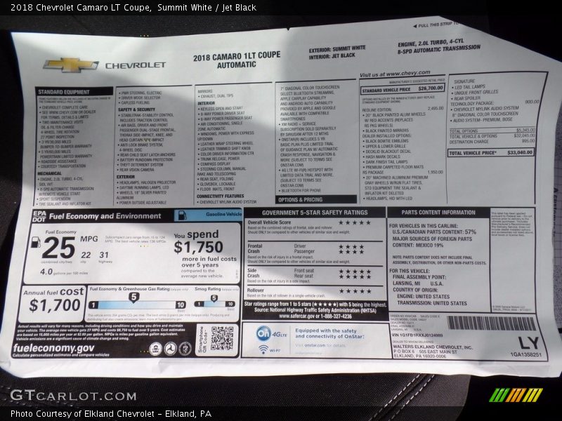 Summit White / Jet Black 2018 Chevrolet Camaro LT Coupe
