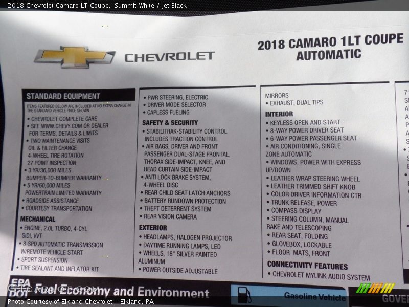 Summit White / Jet Black 2018 Chevrolet Camaro LT Coupe