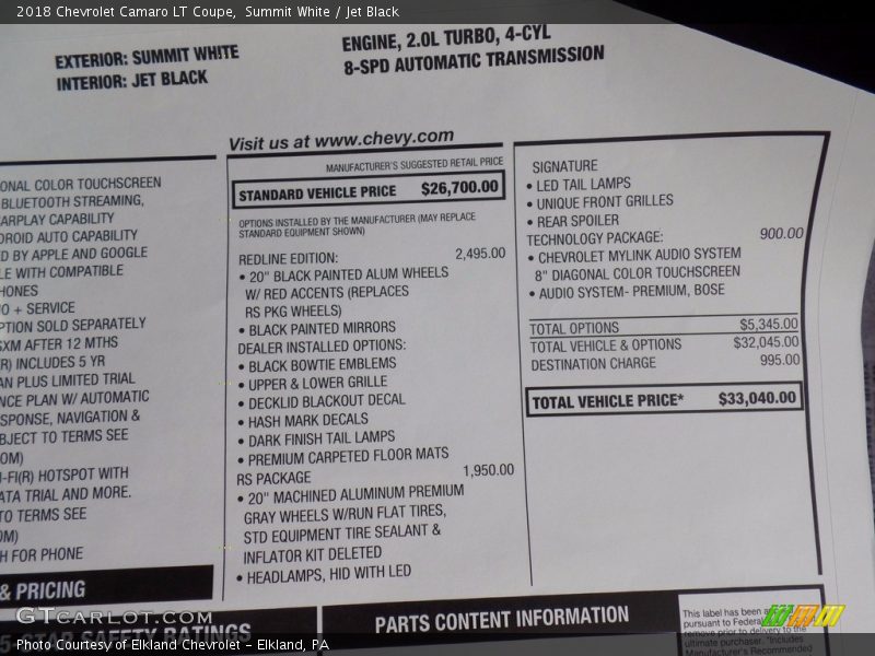 Summit White / Jet Black 2018 Chevrolet Camaro LT Coupe