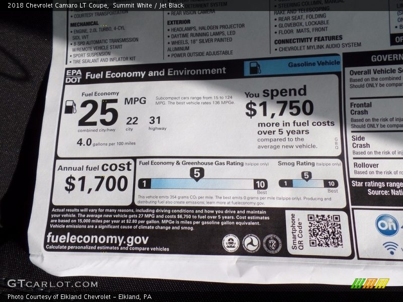 Summit White / Jet Black 2018 Chevrolet Camaro LT Coupe