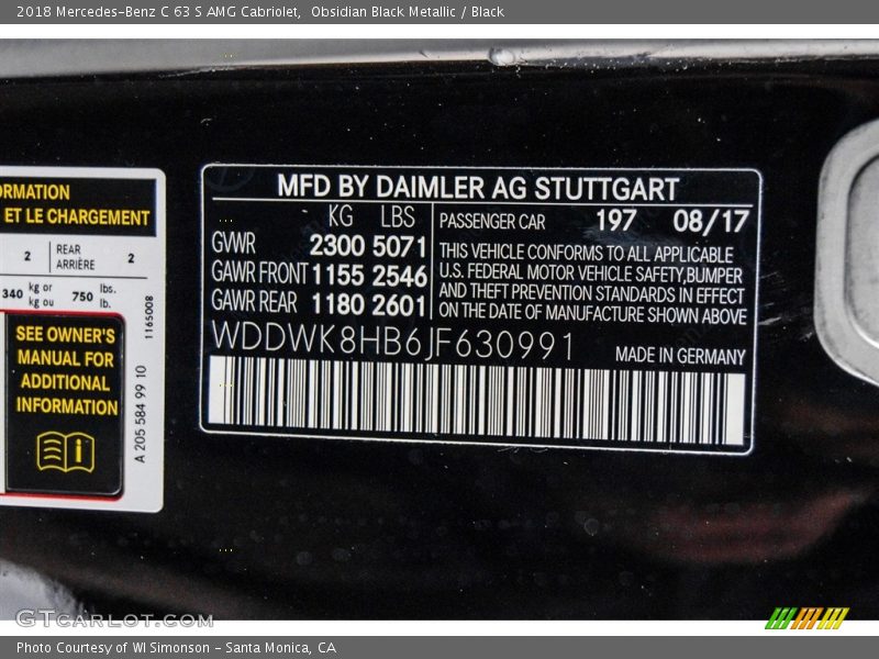 2018 C 63 S AMG Cabriolet Obsidian Black Metallic Color Code 197