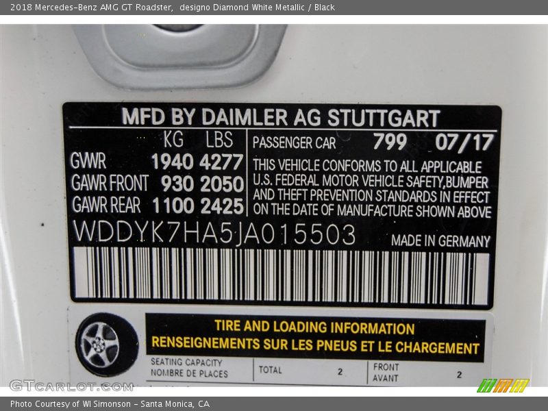 2018 AMG GT Roadster designo Diamond White Metallic Color Code 799