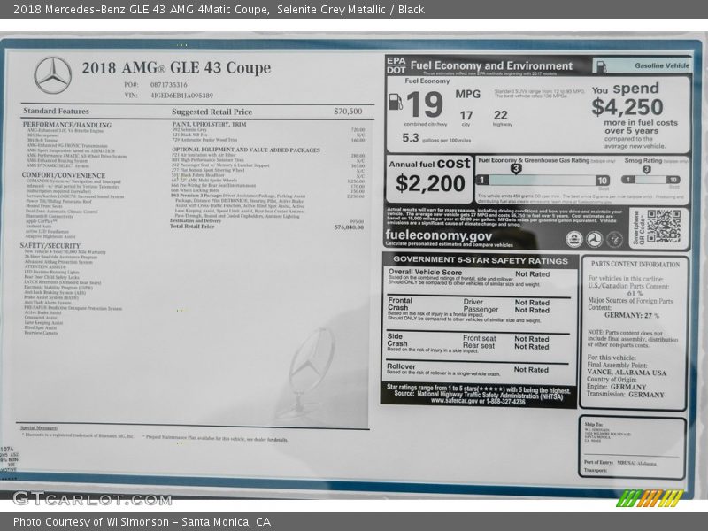  2018 GLE 43 AMG 4Matic Coupe Window Sticker