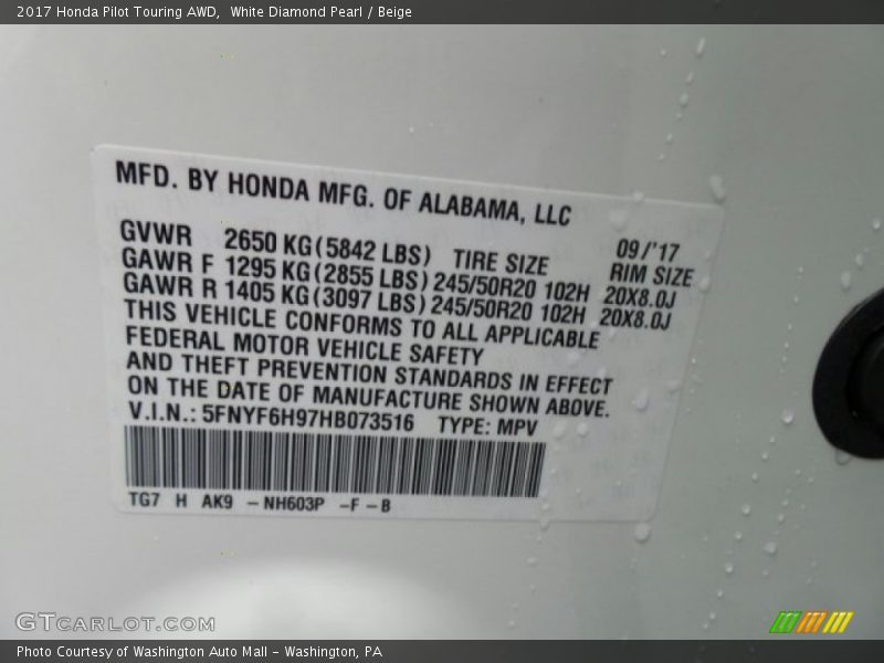 White Diamond Pearl / Beige 2017 Honda Pilot Touring AWD