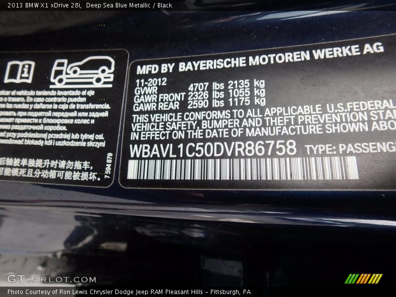 Deep Sea Blue Metallic / Black 2013 BMW X1 xDrive 28i