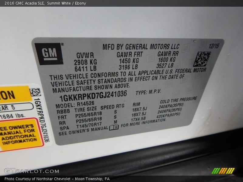 Summit White / Ebony 2016 GMC Acadia SLE