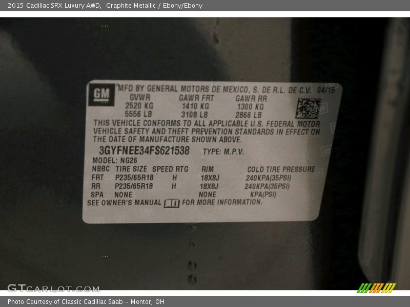 Graphite Metallic / Ebony/Ebony 2015 Cadillac SRX Luxury AWD