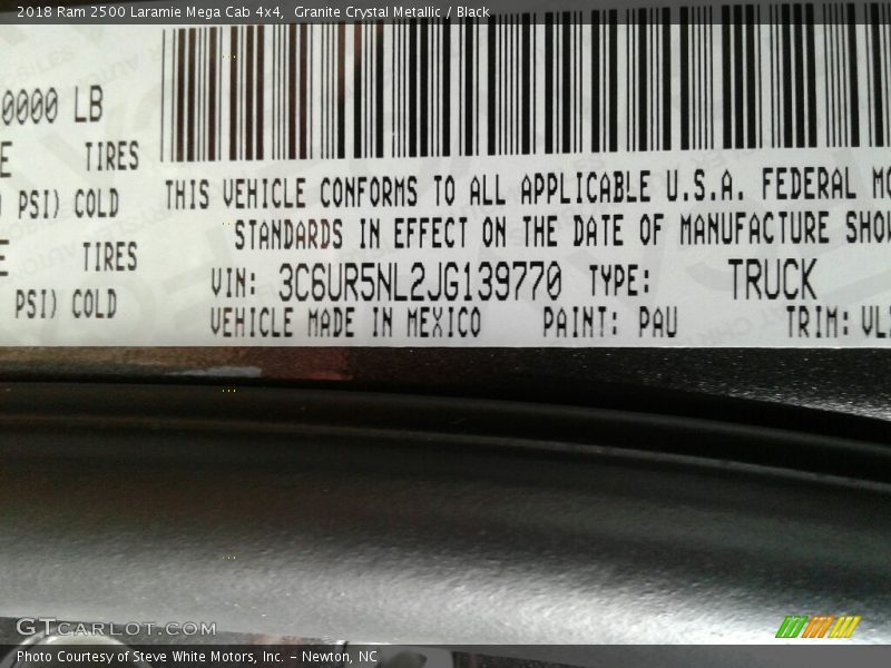 2018 2500 Laramie Mega Cab 4x4 Granite Crystal Metallic Color Code PAU
