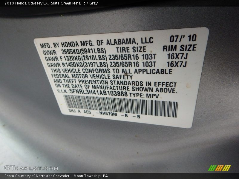 Slate Green Metallic / Gray 2010 Honda Odyssey EX