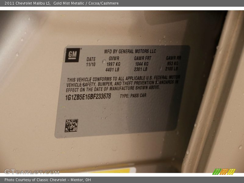 Gold Mist Metallic / Cocoa/Cashmere 2011 Chevrolet Malibu LS