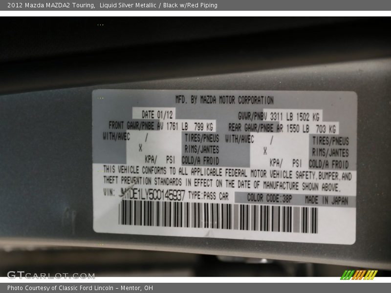 Liquid Silver Metallic / Black w/Red Piping 2012 Mazda MAZDA2 Touring