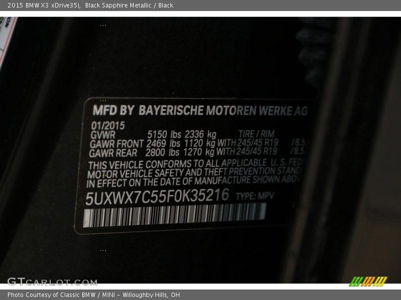 Black Sapphire Metallic / Black 2015 BMW X3 xDrive35i