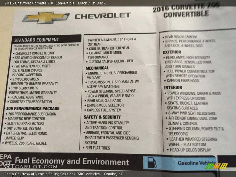 Black / Jet Black 2016 Chevrolet Corvette Z06 Convertible