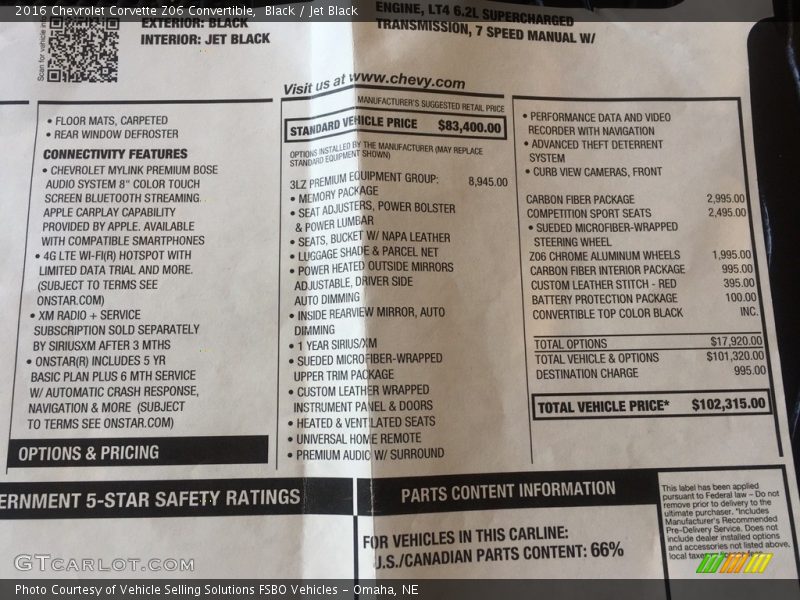 Black / Jet Black 2016 Chevrolet Corvette Z06 Convertible