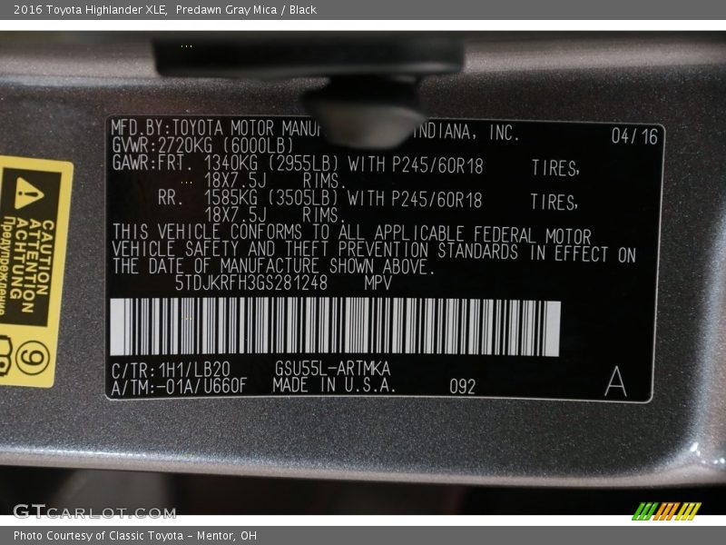 Predawn Gray Mica / Black 2016 Toyota Highlander XLE