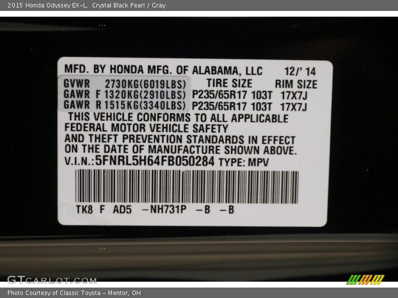 Crystal Black Pearl / Gray 2015 Honda Odyssey EX-L