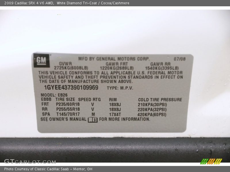 White Diamond Tri-Coat / Cocoa/Cashmere 2009 Cadillac SRX 4 V6 AWD