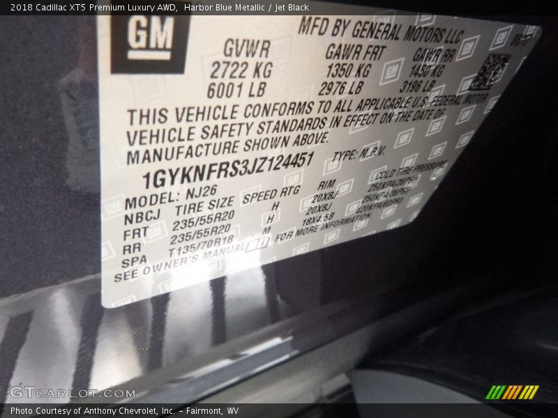 Harbor Blue Metallic / Jet Black 2018 Cadillac XT5 Premium Luxury AWD