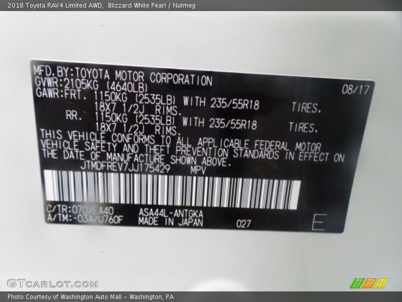 2018 RAV4 Limited AWD Blizzard White Pearl Color Code 070