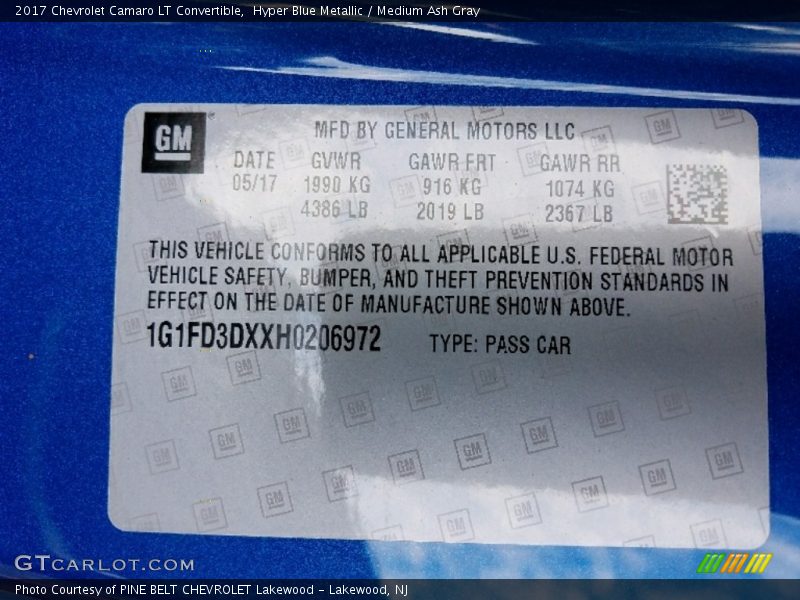 Hyper Blue Metallic / Medium Ash Gray 2017 Chevrolet Camaro LT Convertible