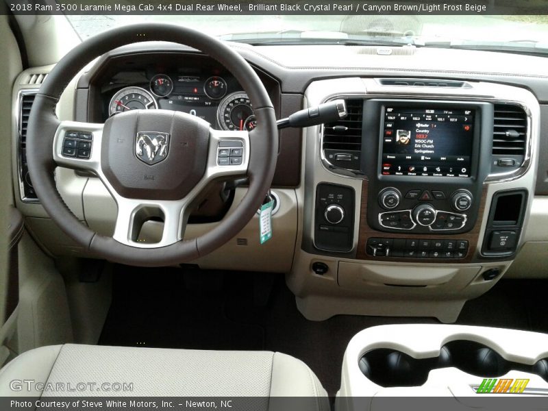 Brilliant Black Crystal Pearl / Canyon Brown/Light Frost Beige 2018 Ram 3500 Laramie Mega Cab 4x4 Dual Rear Wheel
