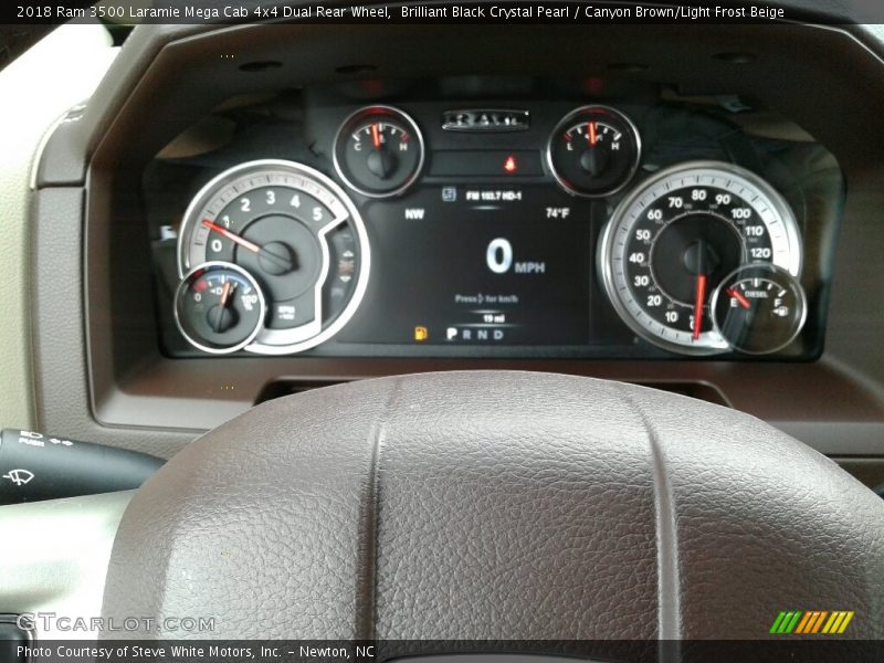 Brilliant Black Crystal Pearl / Canyon Brown/Light Frost Beige 2018 Ram 3500 Laramie Mega Cab 4x4 Dual Rear Wheel