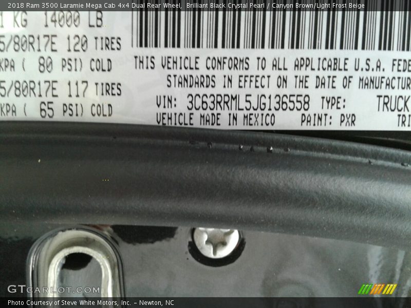 Brilliant Black Crystal Pearl / Canyon Brown/Light Frost Beige 2018 Ram 3500 Laramie Mega Cab 4x4 Dual Rear Wheel