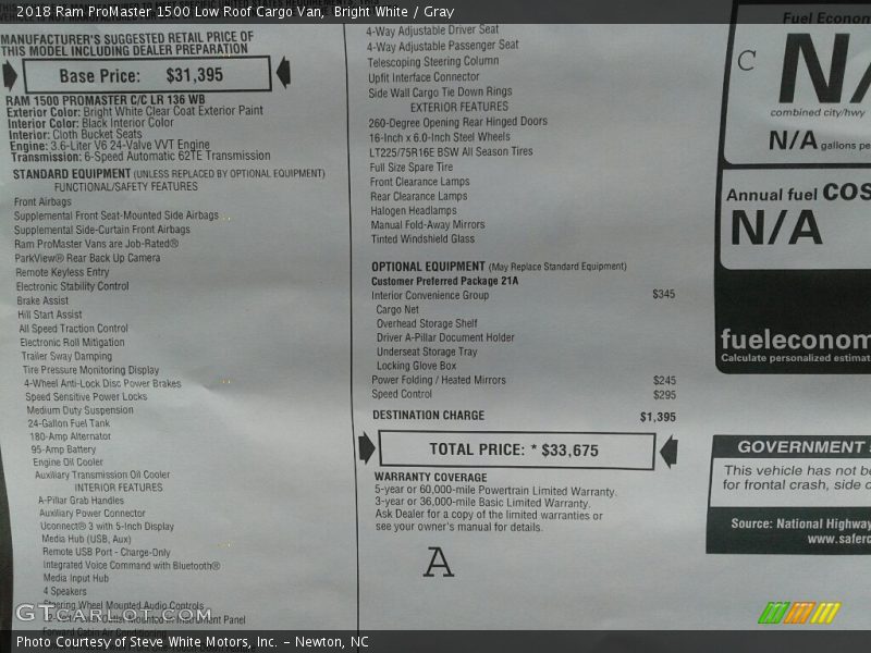  2018 ProMaster 1500 Low Roof Cargo Van Window Sticker