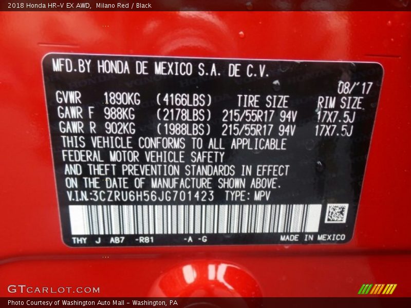 2018 HR-V EX AWD Milano Red Color Code R81