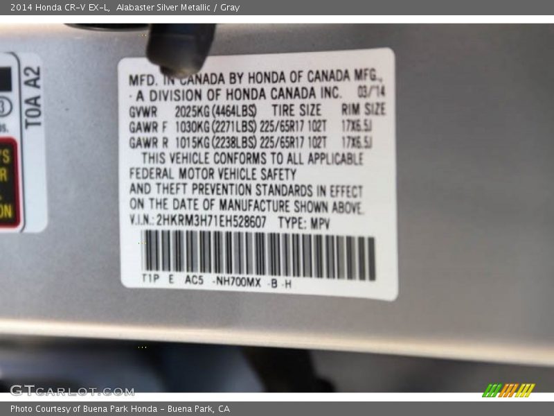 Alabaster Silver Metallic / Gray 2014 Honda CR-V EX-L