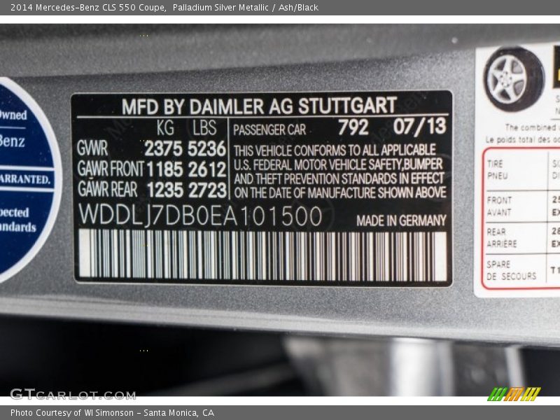 Palladium Silver Metallic / Ash/Black 2014 Mercedes-Benz CLS 550 Coupe