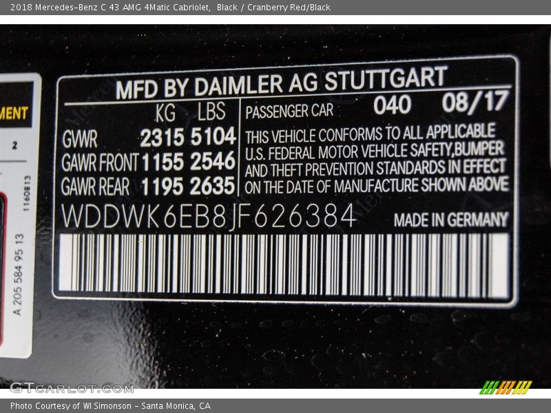 2018 C 43 AMG 4Matic Cabriolet Black Color Code 040
