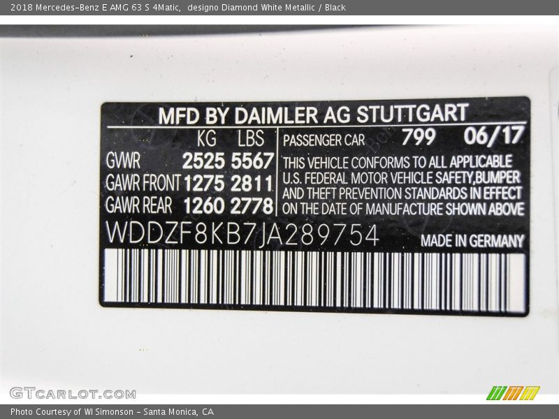 2018 E AMG 63 S 4Matic designo Diamond White Metallic Color Code 799