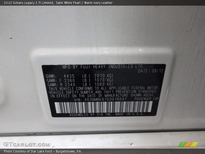 Satin White Pearl / Warm Ivory Leather 2013 Subaru Legacy 2.5i Limited