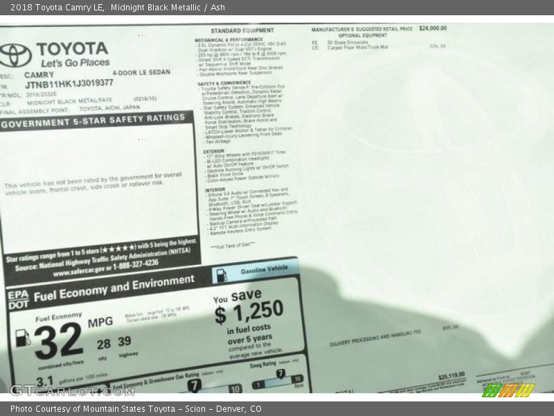 Midnight Black Metallic / Ash 2018 Toyota Camry LE