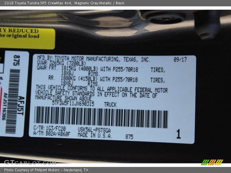 2018 Tundra SR5 CrewMax 4x4 Magnetic Gray Metallic Color Code 1G3