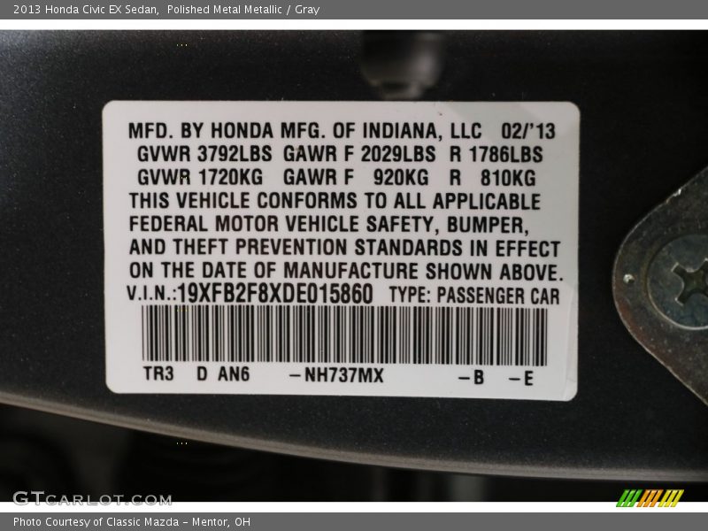 Polished Metal Metallic / Gray 2013 Honda Civic EX Sedan