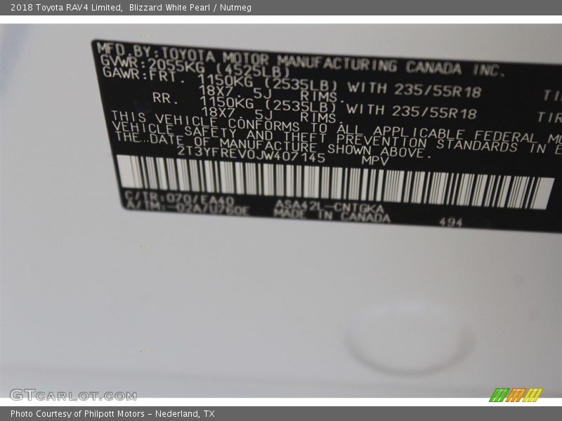 2018 RAV4 Limited Blizzard White Pearl Color Code 070