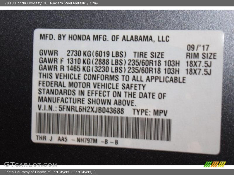 Modern Steel Metallic / Gray 2018 Honda Odyssey LX