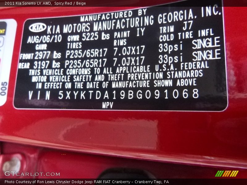 Spicy Red / Beige 2011 Kia Sorento LX AWD