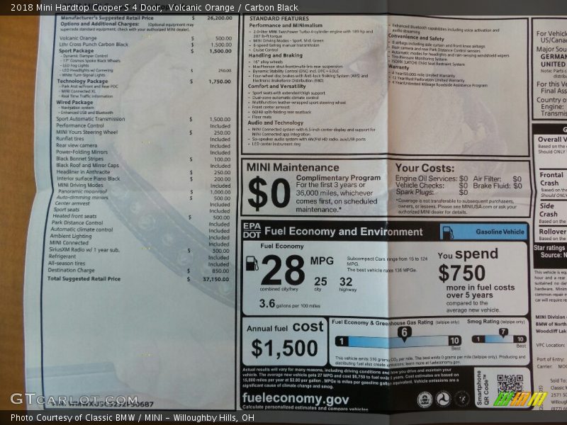  2018 Hardtop Cooper S 4 Door Window Sticker