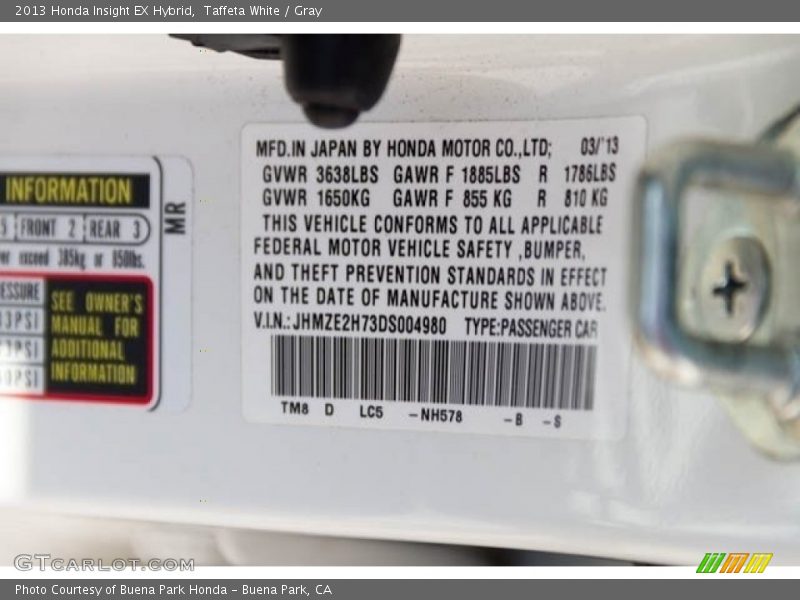 Taffeta White / Gray 2013 Honda Insight EX Hybrid