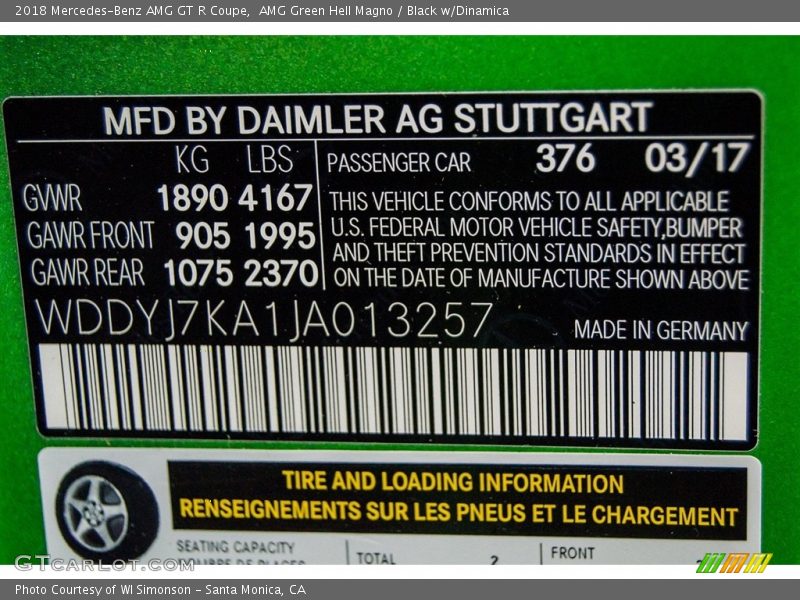 2018 AMG GT R Coupe AMG Green Hell Magno Color Code 376