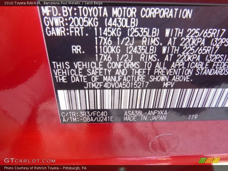 Barcelona Red Metallic / Sand Beige 2010 Toyota RAV4 I4