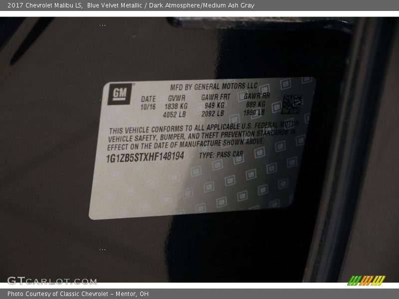 Blue Velvet Metallic / Dark Atmosphere/Medium Ash Gray 2017 Chevrolet Malibu LS