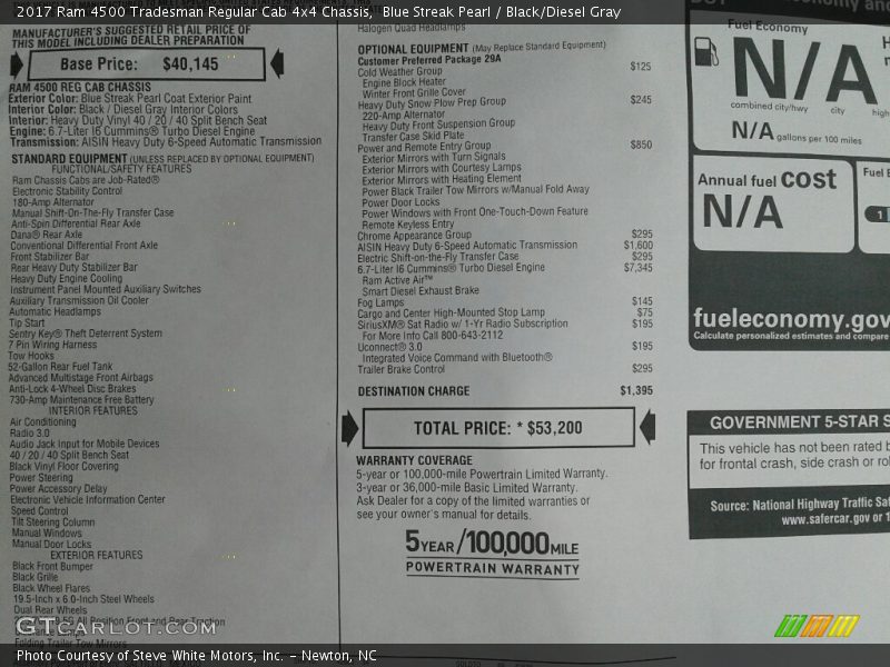 Blue Streak Pearl / Black/Diesel Gray 2017 Ram 4500 Tradesman Regular Cab 4x4 Chassis