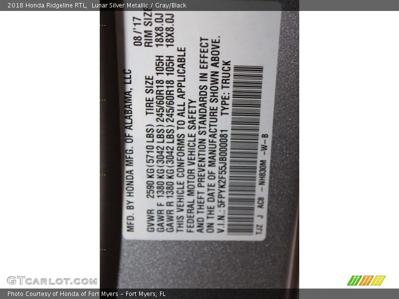 Lunar Silver Metallic / Gray/Black 2018 Honda Ridgeline RTL