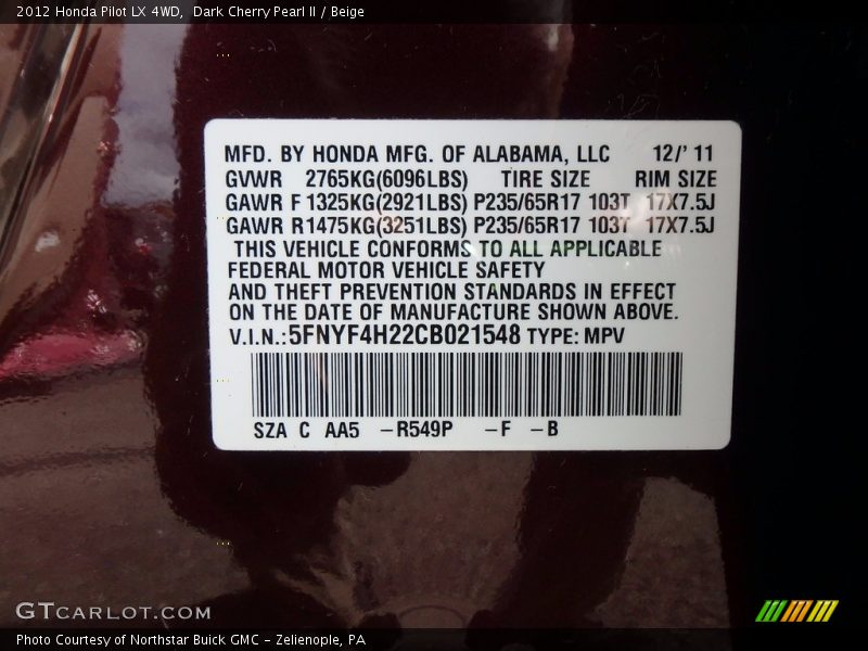 Dark Cherry Pearl II / Beige 2012 Honda Pilot LX 4WD