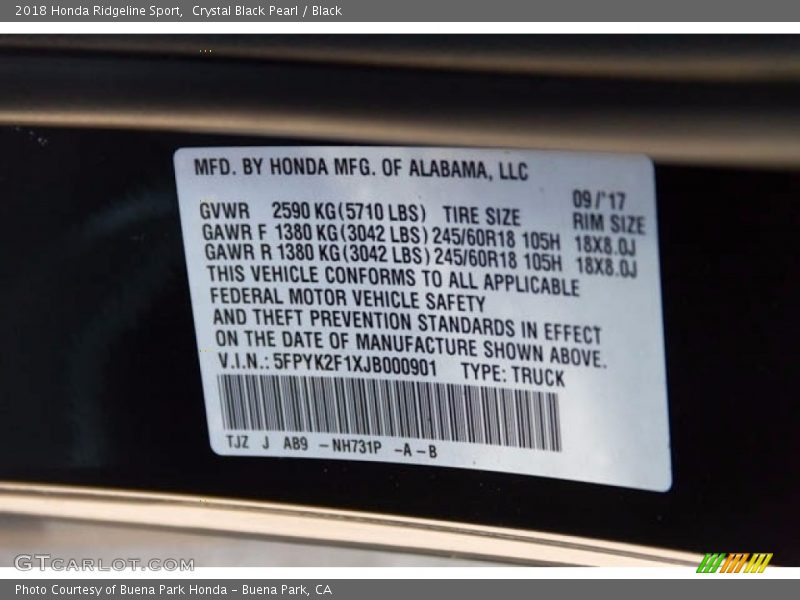 Crystal Black Pearl / Black 2018 Honda Ridgeline Sport
